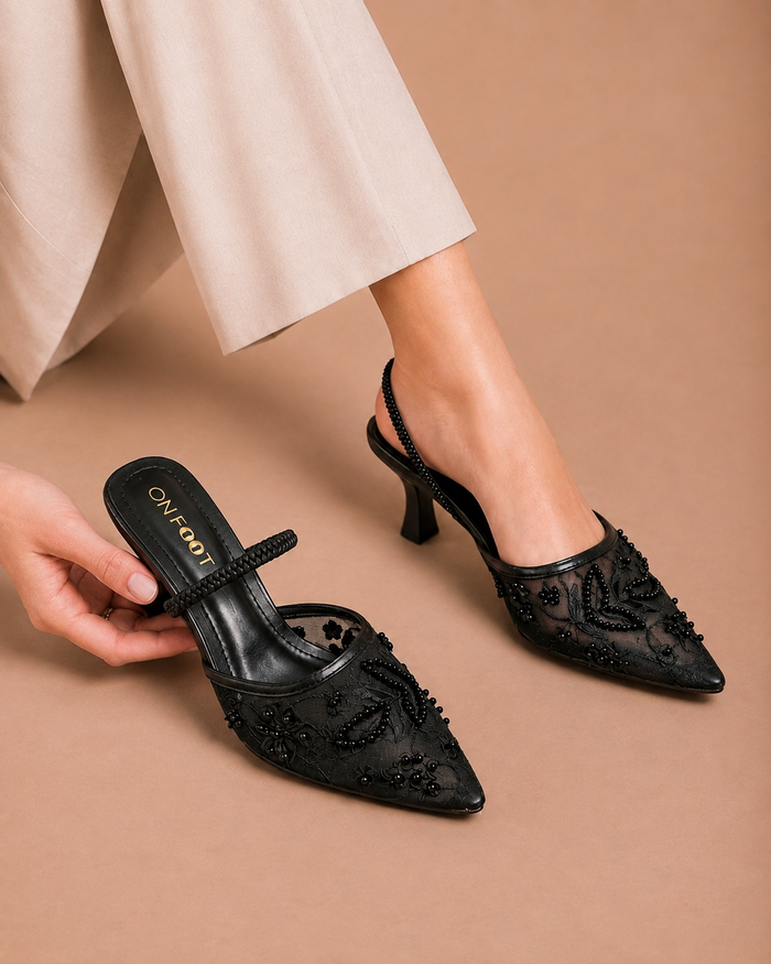 Black Lace Embellished Heels