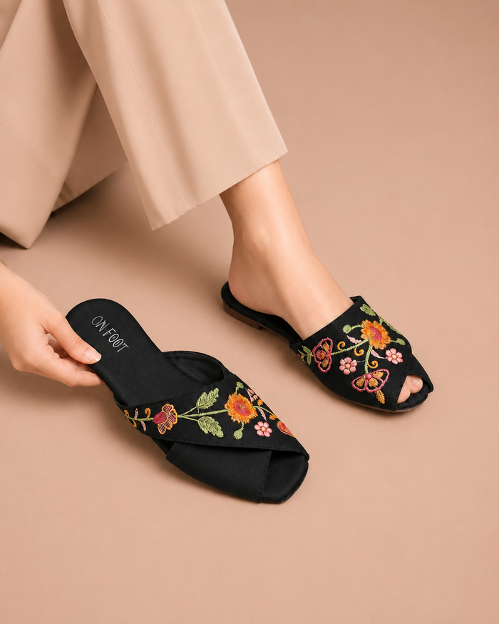 Black Floral Cross Mules