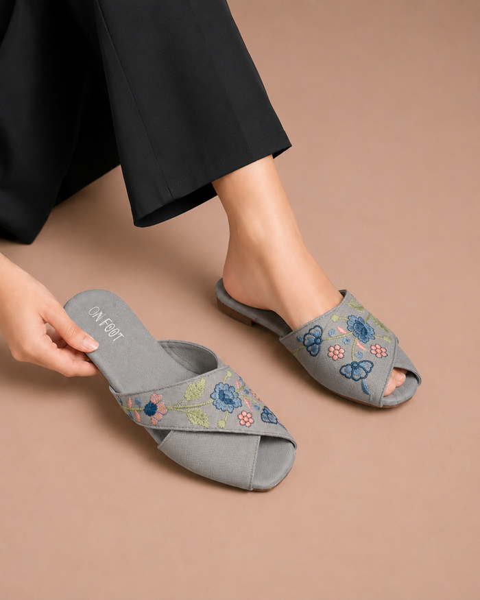 Grey Floral Cross Mules