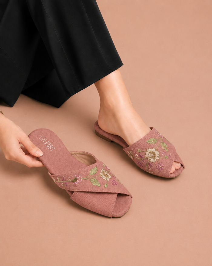 Pink Floral Cross Mules