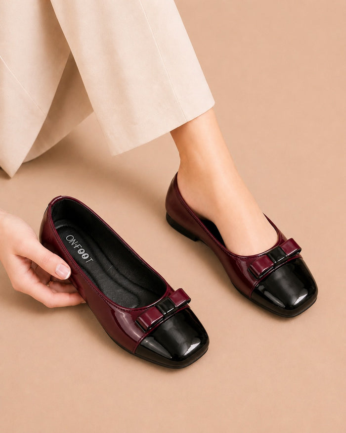 Square Toe Ballet two-tone flats in Maroon by ON FOOT - view 1