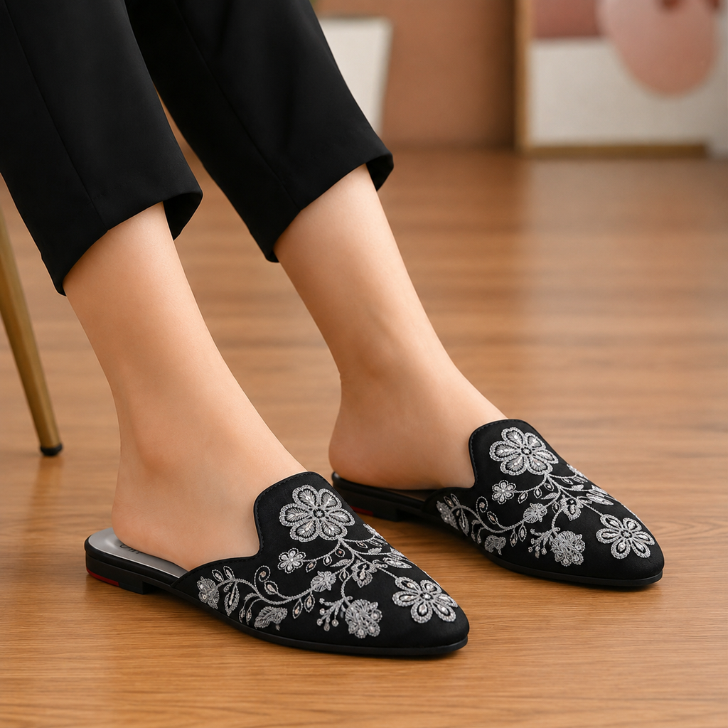 Elegant Floral Embroidered Backless Loafers