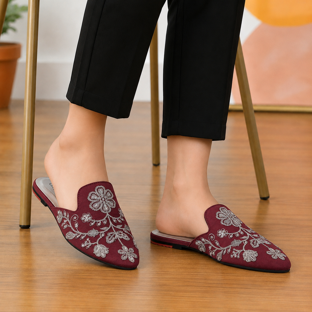 Elegant Floral Embroidered Backless Loafers