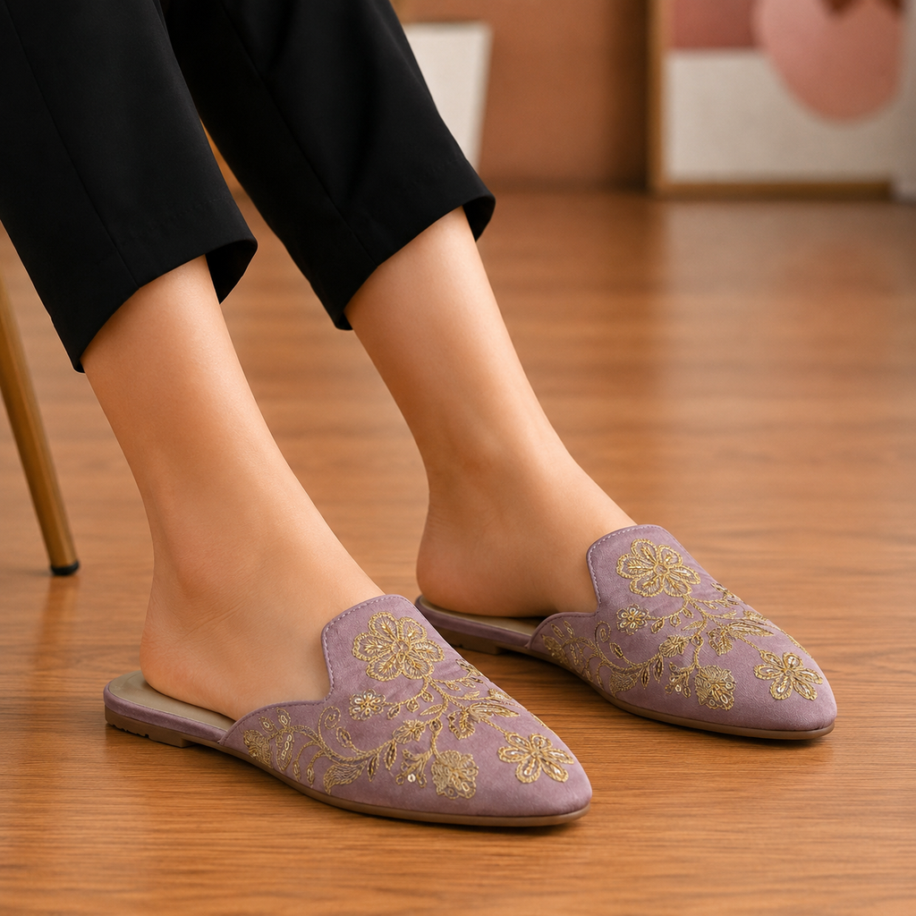 Elegant Floral Embroidered Backless Loafers