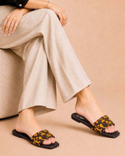 Cushion Lane black ethnic floral flat slippers by ON FOOT - side view