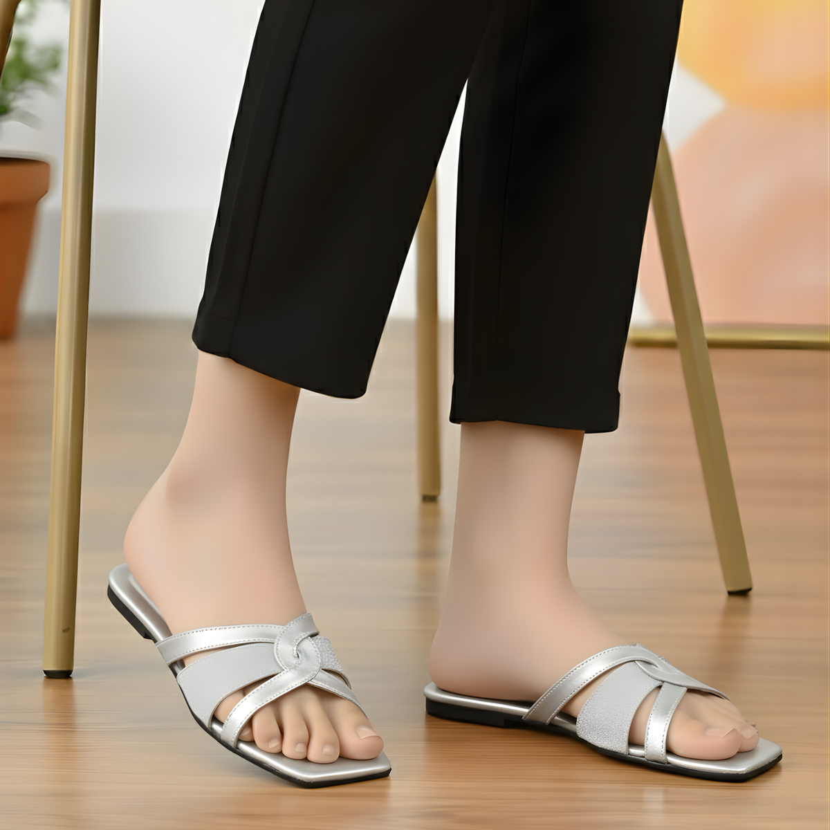 Silver Gleam metallic cross-strap flats by ON FOOT - view 7