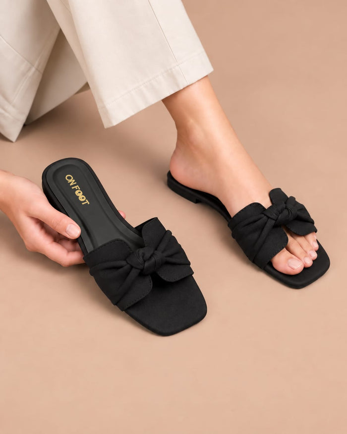 Black Grace Bow Slides by ON FOOT - bow sandals, view 1