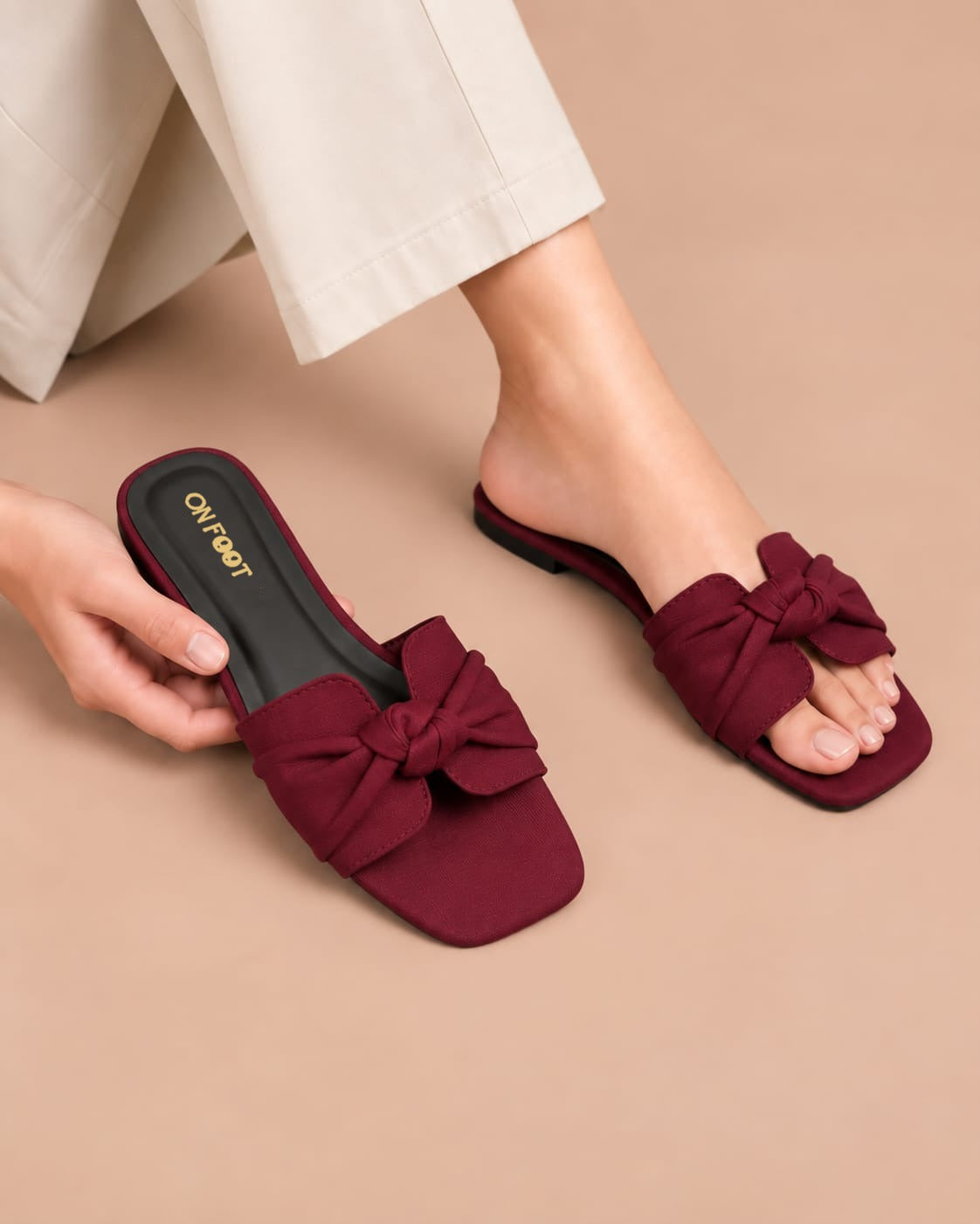 Maroon Grace Bow Slides by ON FOOT - bow sandals, view 1