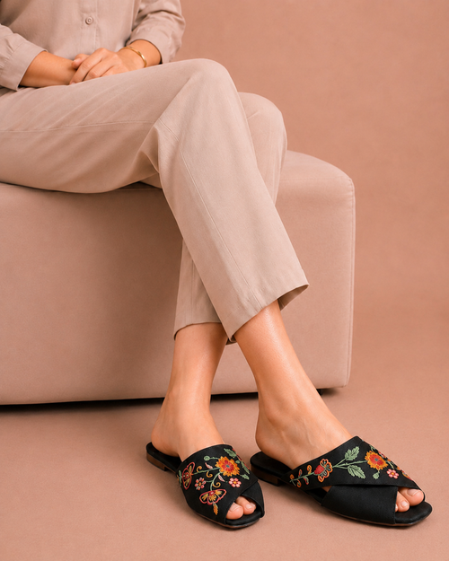 Black Floral Cross Mules