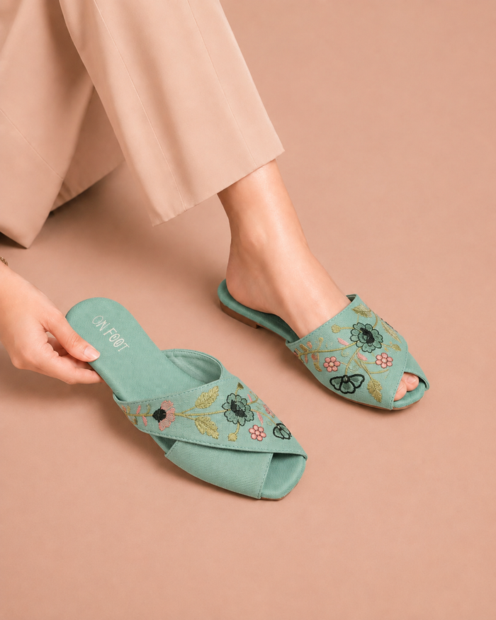 C-Green Floral Cross Mules