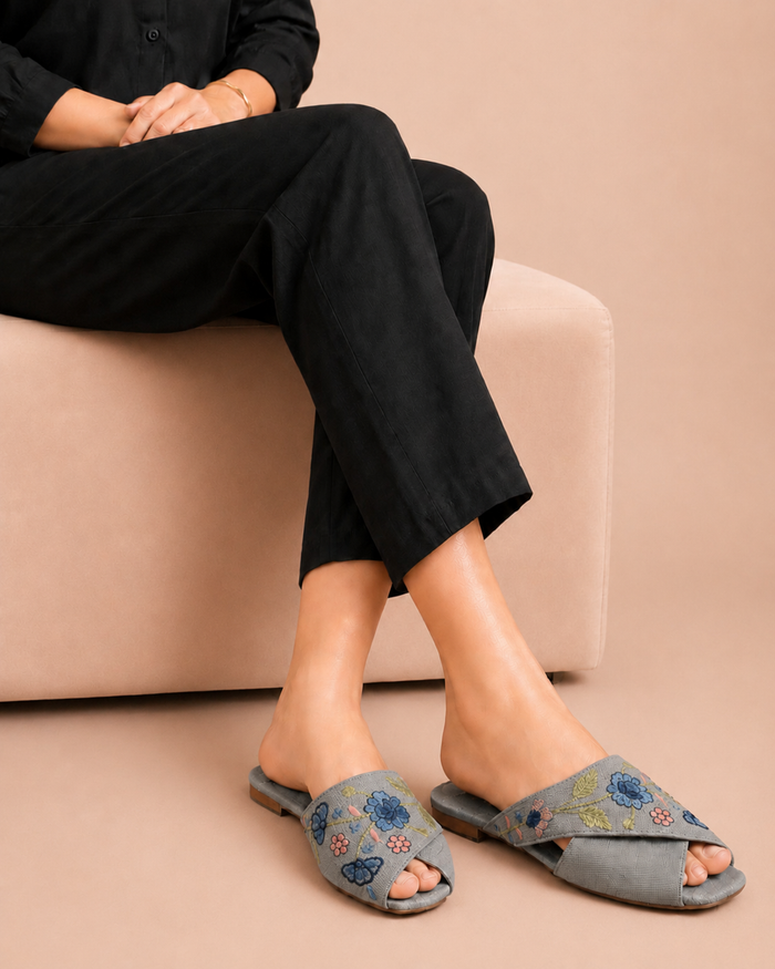 Grey Floral Cross Mules