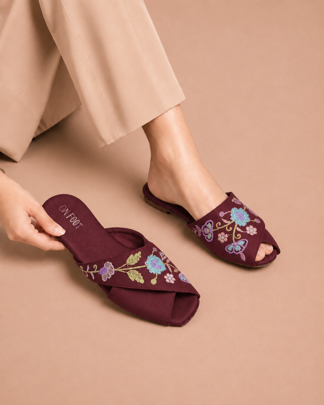 Maroon Floral Cross Mules