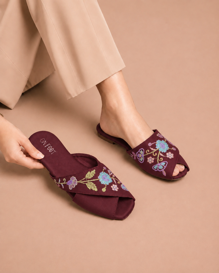 Maroon Floral Cross Mules