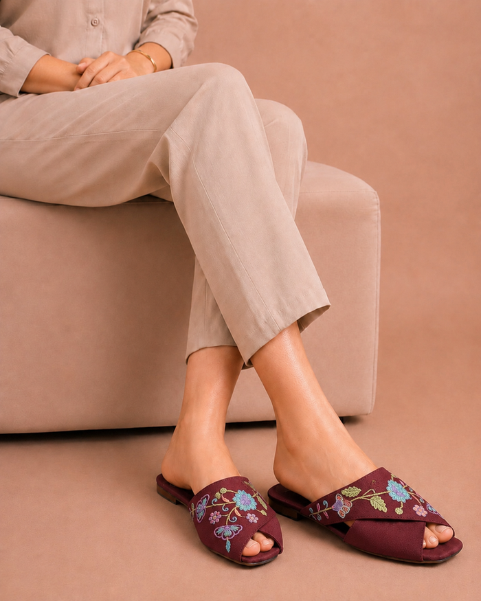 Maroon Floral Cross Mules