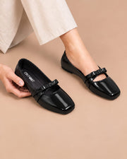 Black Luxe Bow Pumps by ON FOOT - glossy patent bow pumps, front view