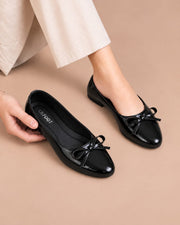 Black Classic Bow Ballet flats by ON FOOT - patent bow ballet flats, front view