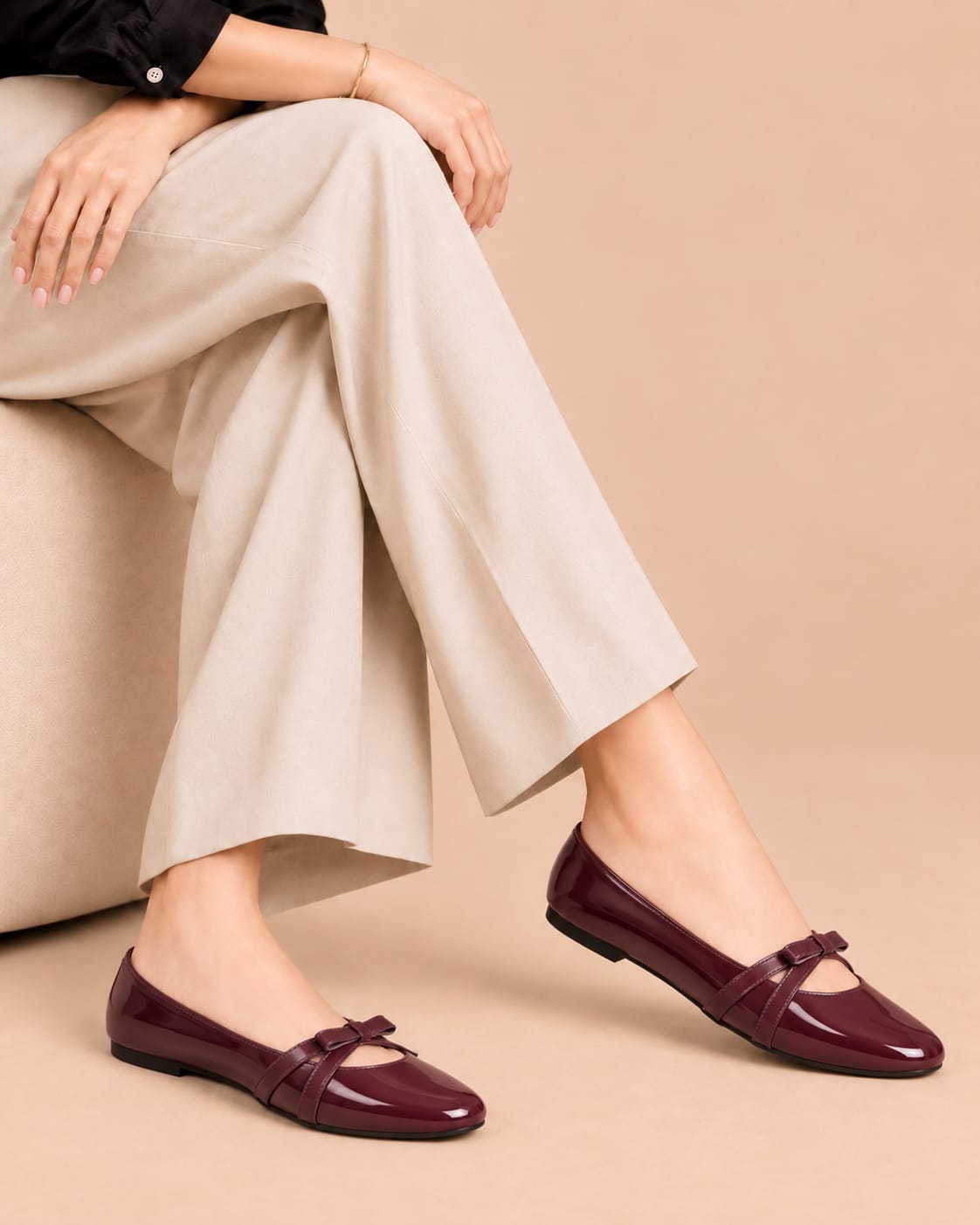 Maroon Luxe Bow Pumps by ON FOOT - glossy patent bow pumps, side view