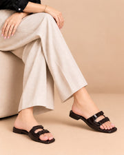 Luxe Double-Bow Slides in Brown - double-bow detail view - ON FOOT