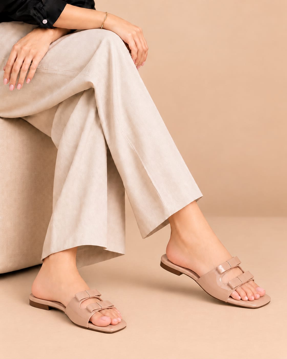 Luxe Double-Bow Slides in Beige - double-bow detail view - ON FOOT