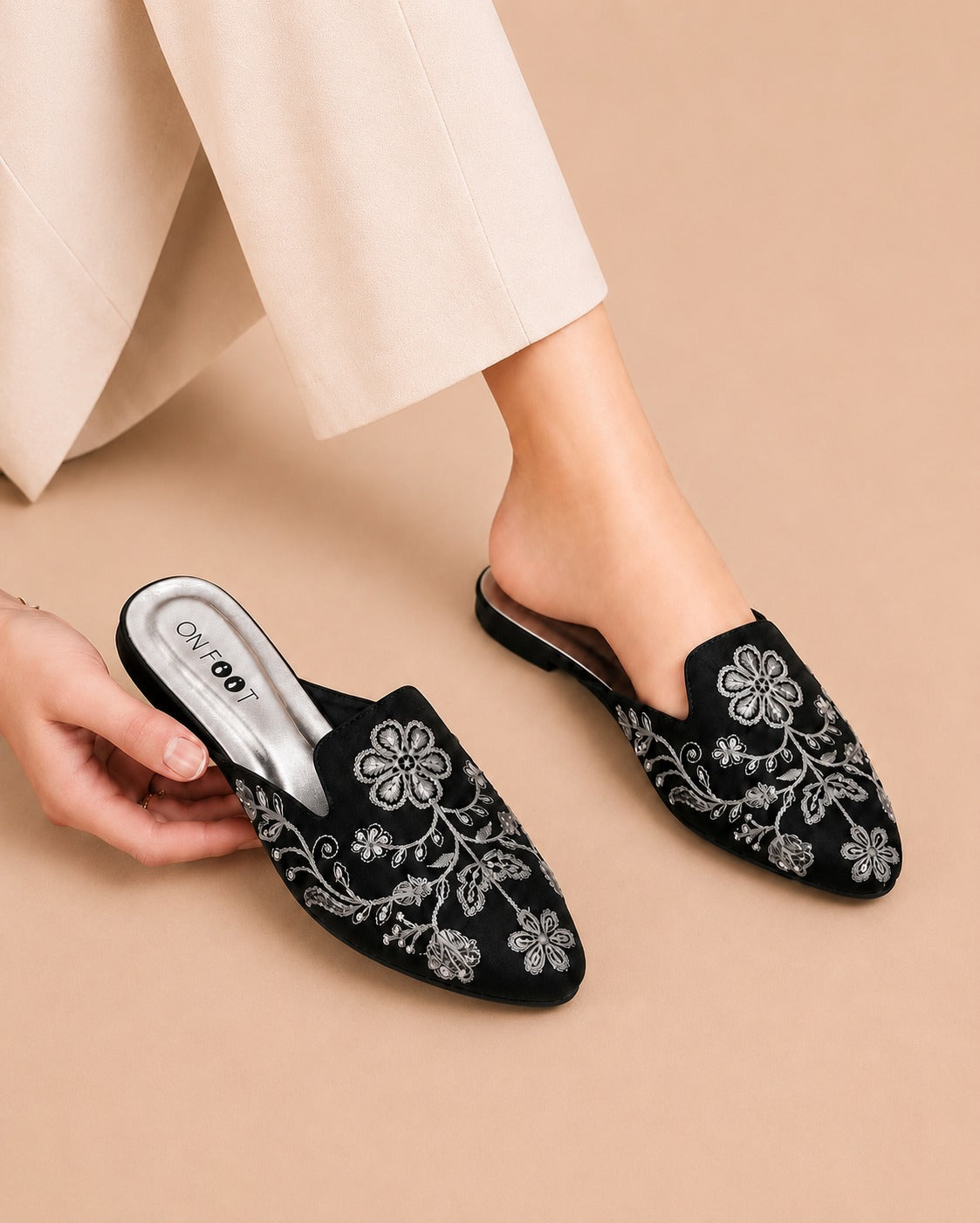 Floral Backless Loafers - Black