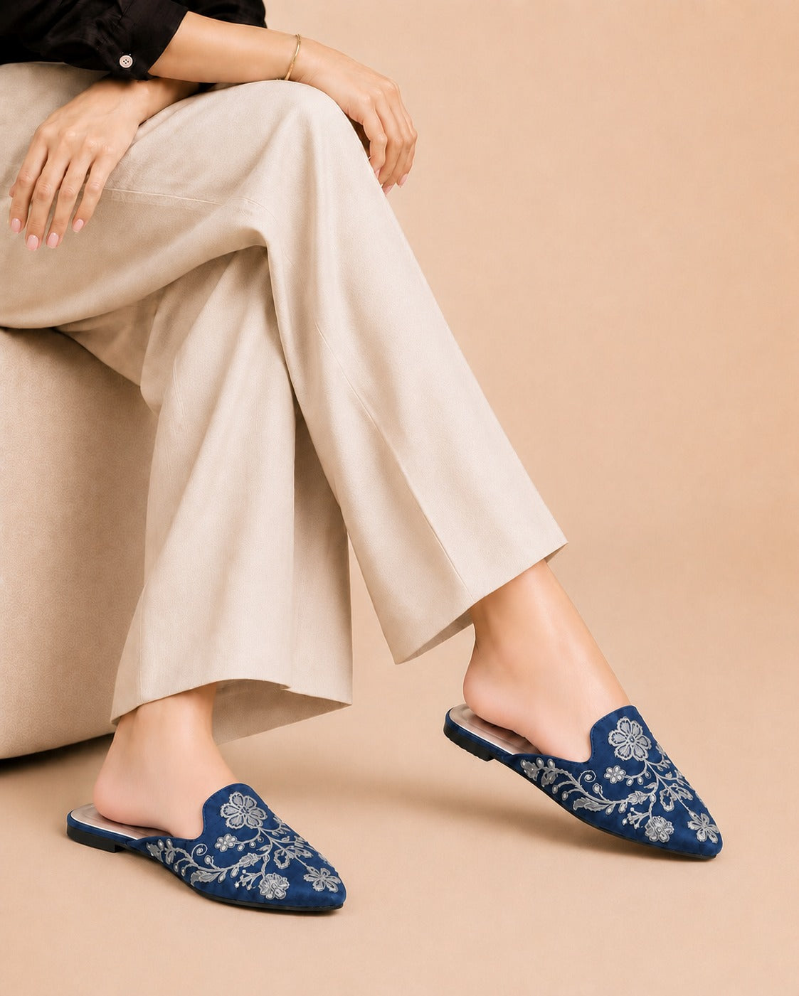 Floral Backless Loafers - Navy Blue