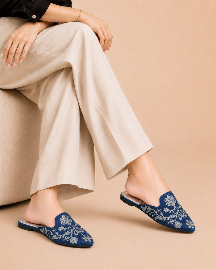 Floral Backless Loafers - Navy Blue