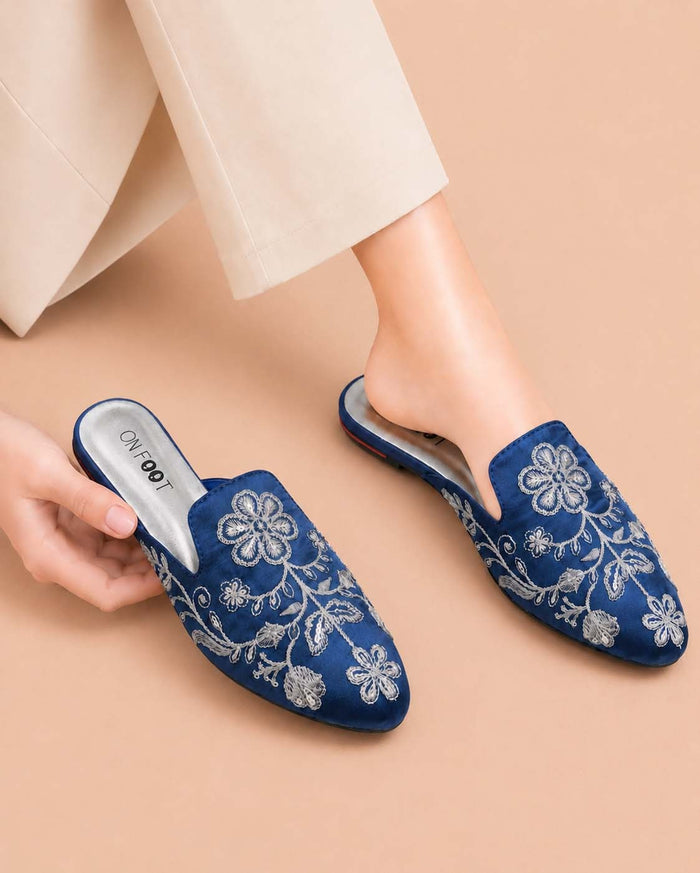 Floral Backless Loafers - Navy Blue