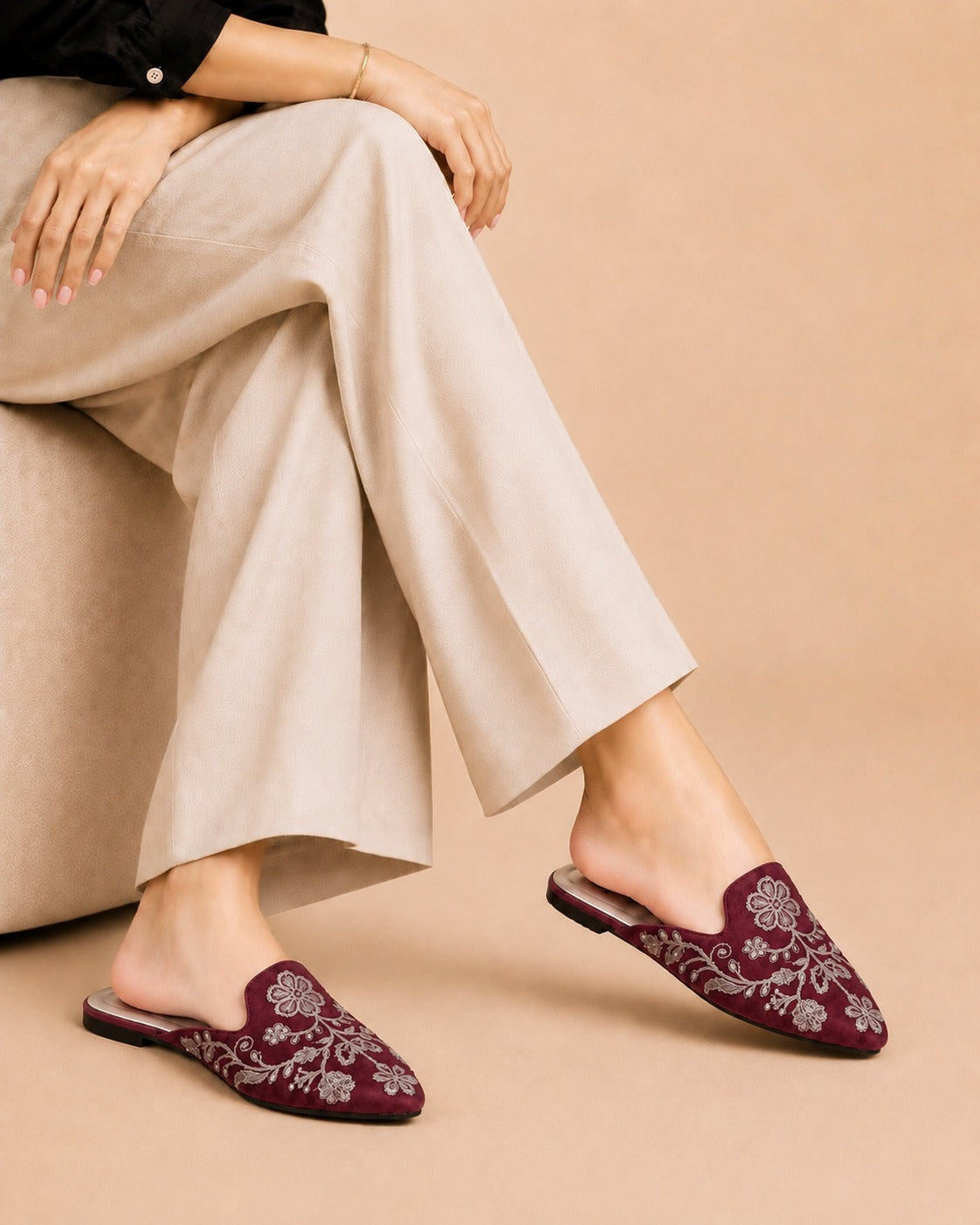 Floral Backless Loafers - Maroon
