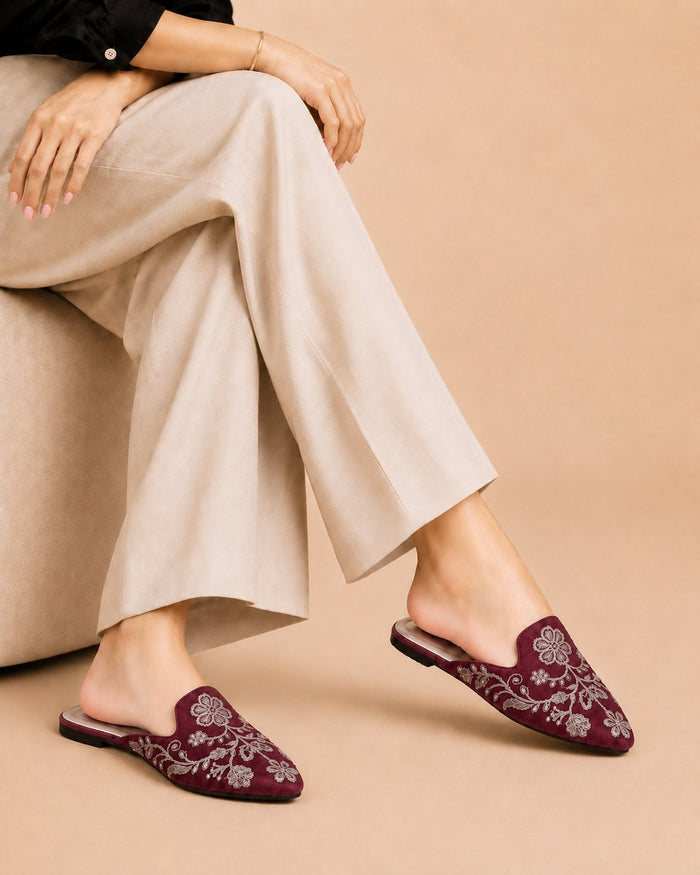 Floral Backless Loafers - Maroon