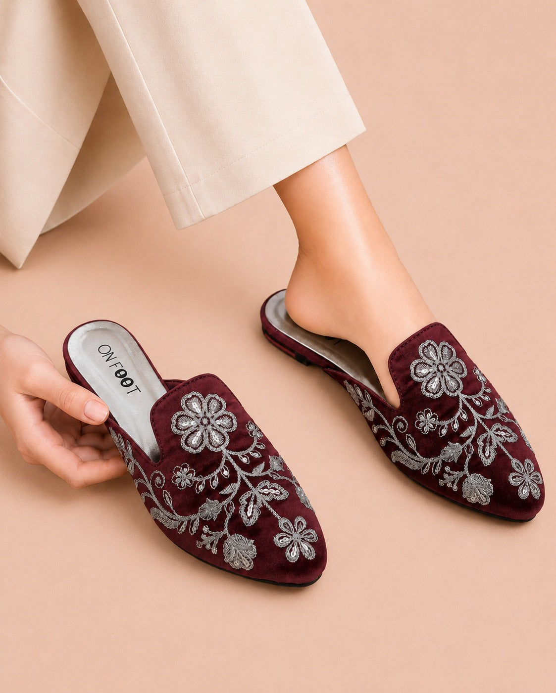 Floral Backless Loafers - Maroon