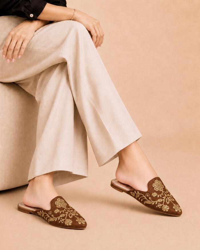 Floral Backless Loafers - Brown