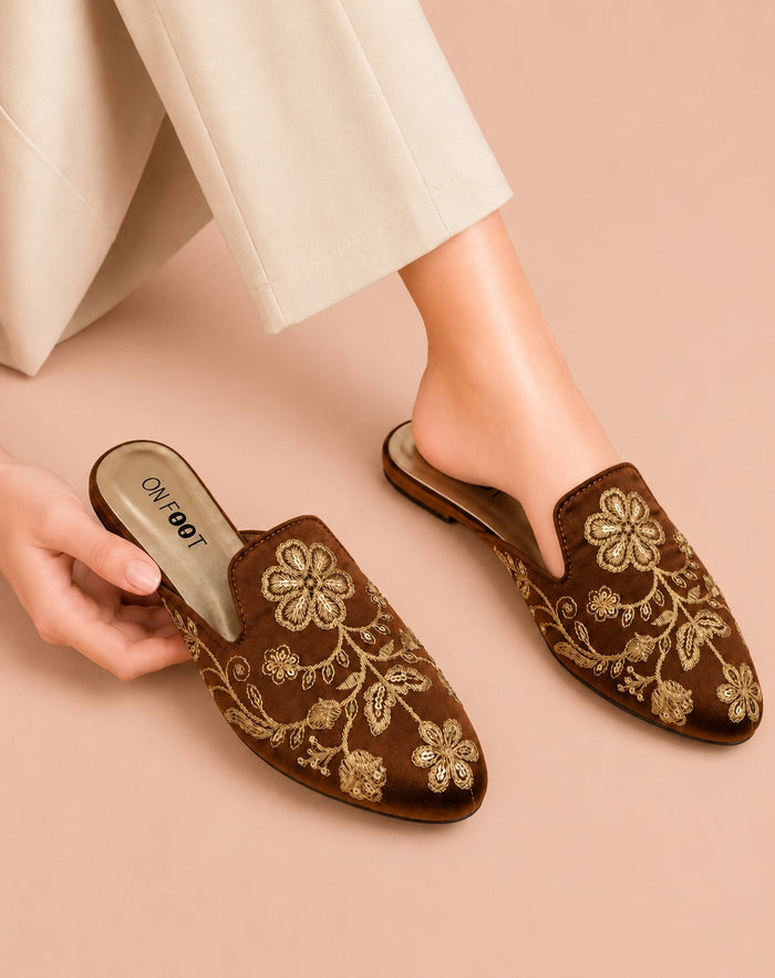 Floral Backless Loafers - Brown