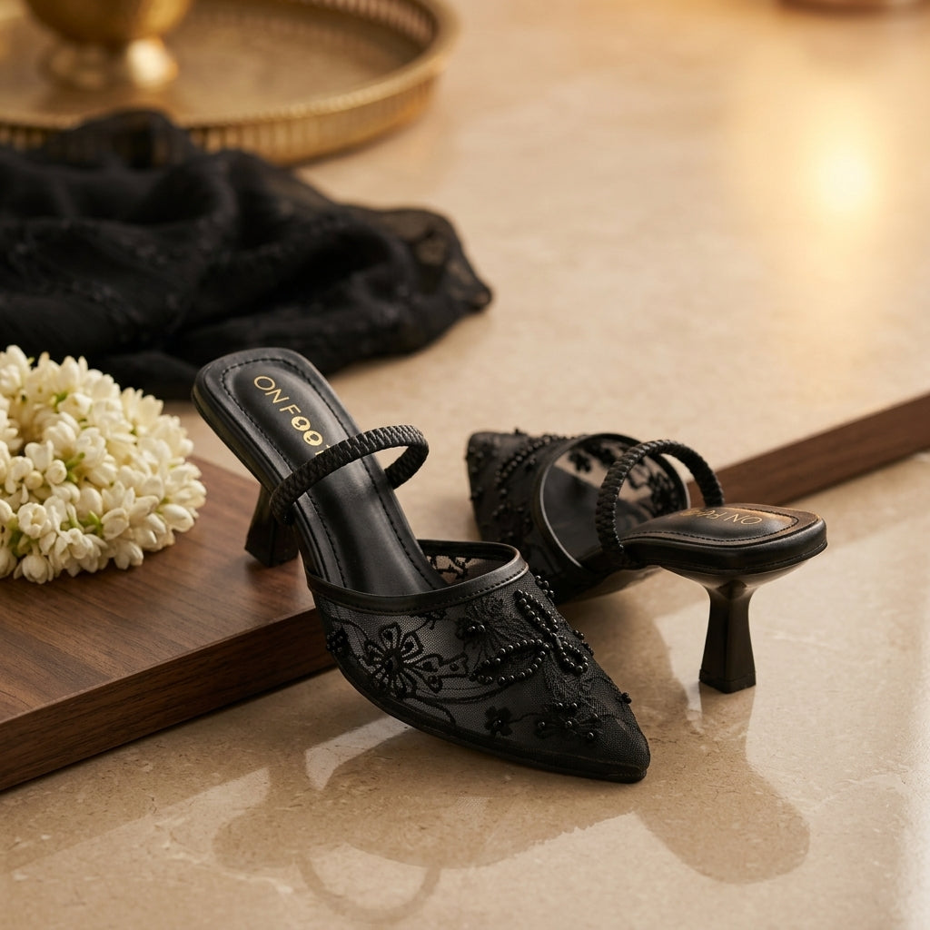 Black Lace Embellished Heels