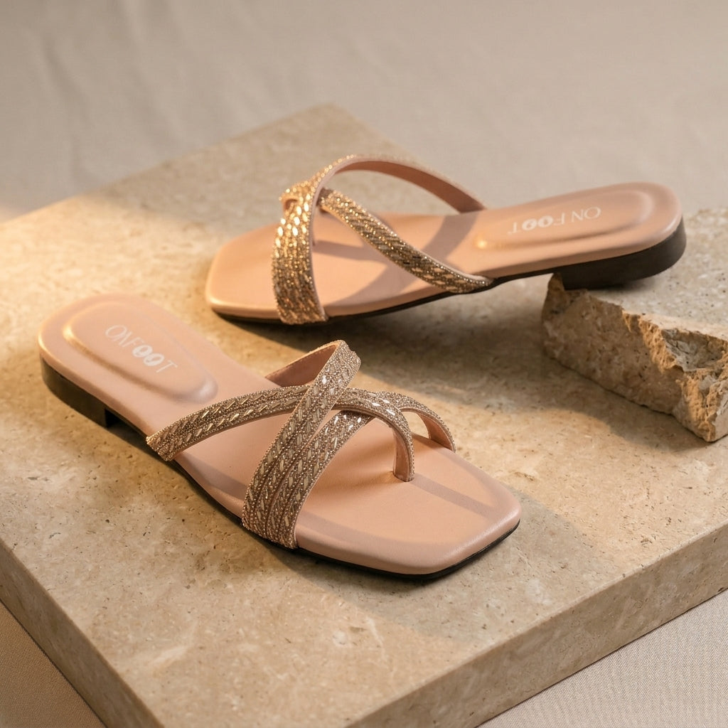 Crystal Cross Strap Flat Slides