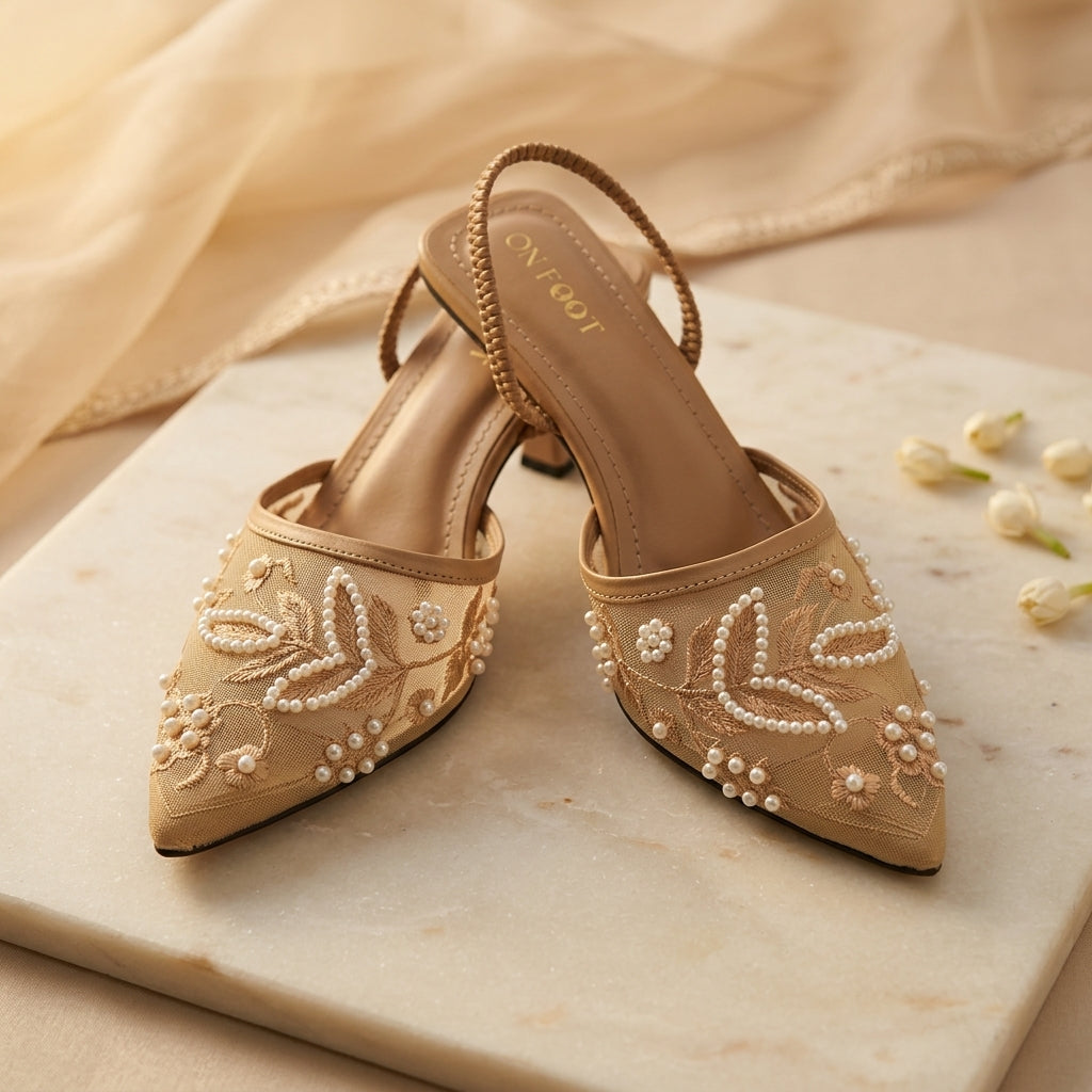 Mustard Lace Embellished Heels