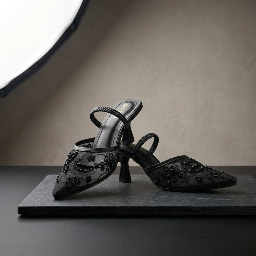 Black Lace Embellished Heels