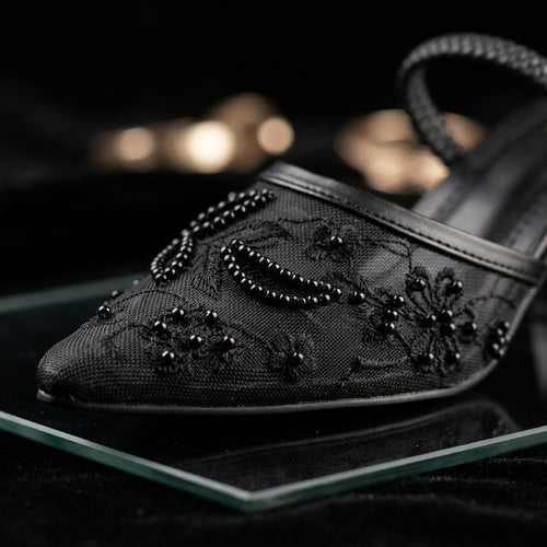 Black Lace Embellished Heels
