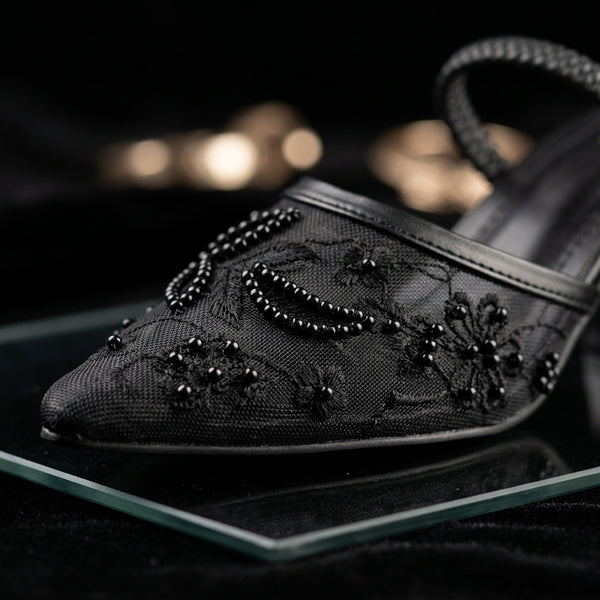 Black Lace Embellished Heels