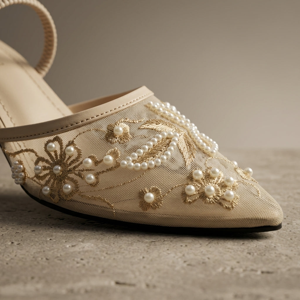Lace Embellished Heels in Pearl by ON FOOT - view 5