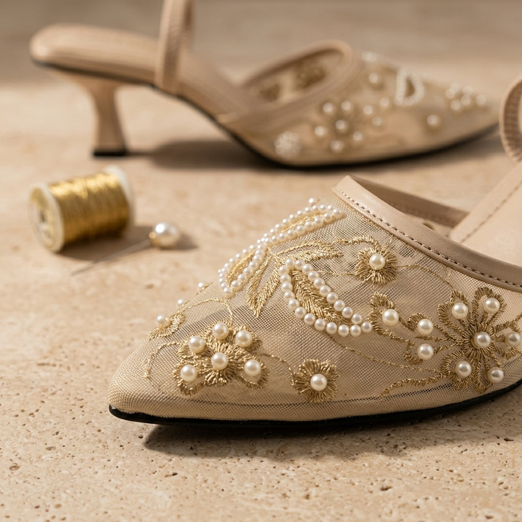 Lace Embellished Heels in Pearl by ON FOOT - view 3