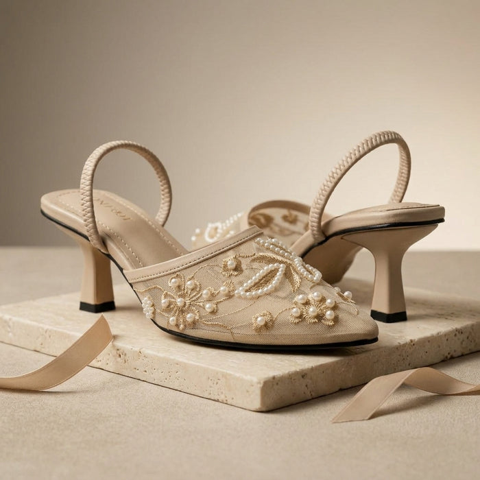 Lace Embellished Heels in Pearl by ON FOOT - view 2