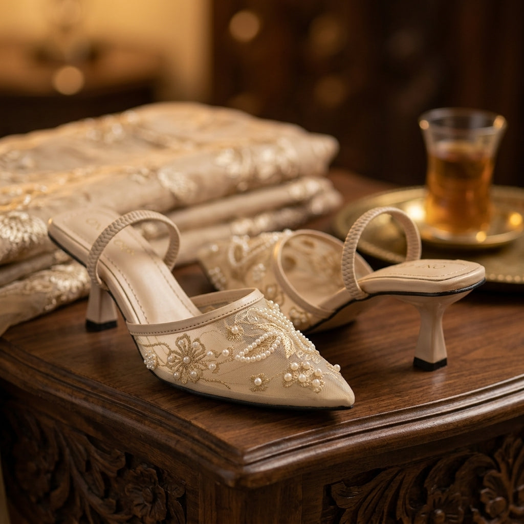 Lace Embellished Heels in Pearl by ON FOOT - view 1
