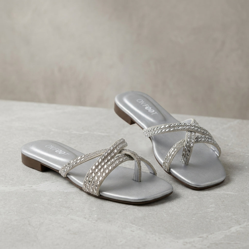 Crystal Cross Strap Flat Slides